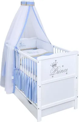 Produktbild von Baby-Delux Babybett Kinderbett Gitterbett Prince 60x120 Weiß mit Schublade 10-tlg Prince Bettwäsche Set Matratze, Beißschienen zum Schutz