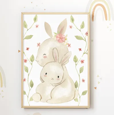 Produktbild von Mama Kind Hasen Bild DIN A4 Kinderzimmer Wandbild Babyzimmer Poster Dekoration