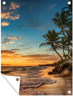 Produktbild von MuchoWow® 60x80 cm Outdoor-Poster Gartendeko Sichtschutz Garten Poster für den Garten  Strand - Sonnenuntergang - Meer - Palme