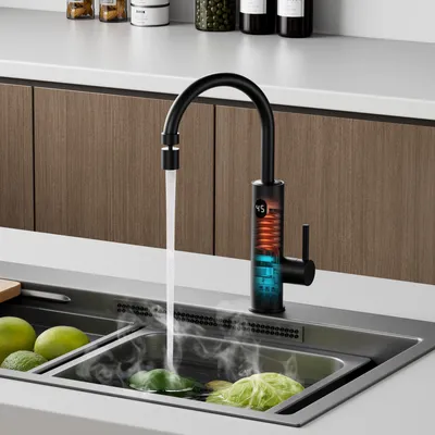 A modern kitchen sink with a black faucet dispensing hot water into the sink where some vegetables are being washed.