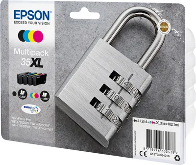 The image shows a multipack of Epson ink cartridges packaged with a combination lock.