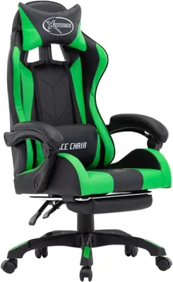 Image de Fauteuil de gaming avec repose-pieds, vert et noir. Fauteuil de bureau ergonomique, réglable, avec coussin pour la tête et le bas du dos. Fauteuil inclinable pour bureau en similicuir, capacité maximale : 110 kg