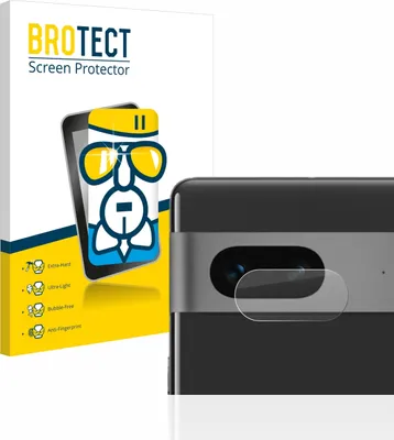 A product packaging and a close-up of a phone camera lens with a screen protector.