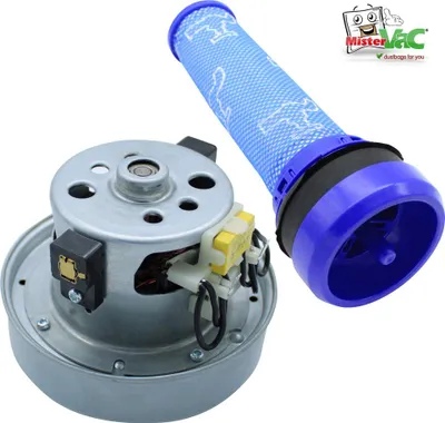 A vacuum cleaner motor and filter are displayed against a white background.