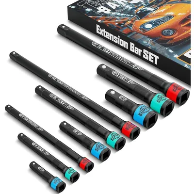 Zdjęcie produktu dla Zestaw przedłużek do kluczy nasadowych 9-częściowy, rozmiary 1/4", 3/8" i 1/2", wykonany ze stali chromowo-wanadowej