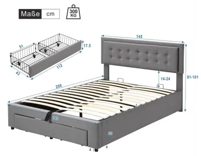 Productafbeelding van Tweepersoonsbed met opbergruimte - Gestoffeerd bedframe - Fluweel - Lades - 140 x 200 cm - Grijs