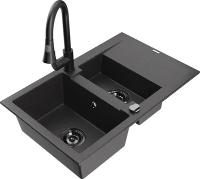 Produktbild von Mexen Gaspar 1,5-Becken-Granitspüle mit Abtropffläche und Mischbatterie Elia, Schwarz gesprenkelt - 6507-76-670101-70-B