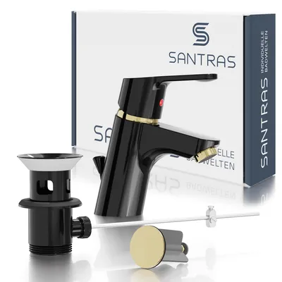 Produktbild von SANTRAS® Waschtischarmatur Magis in Schwarz (RAL 9005)/Edelmessing (Gold) inkl. Ablaufgarnitur