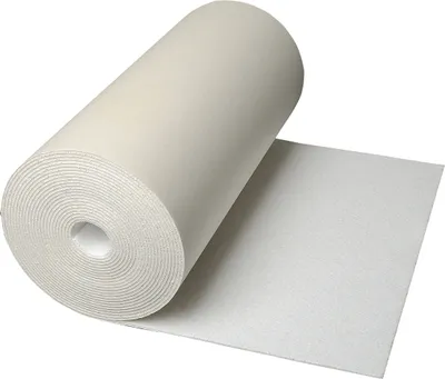 A roll of white insulation material, partially unrolled, on a white background.