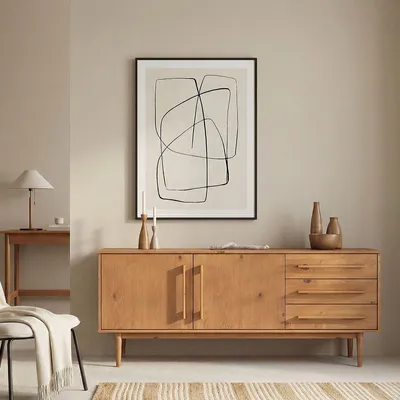 Produktbild von Sideboard TECCA mit 2 Türen und 3 Schubladen, Eiche farben – Kommode aus Massivholz, verstellbarer Einlegeboden, Wohnzimmermöbel im Mid-Century Style