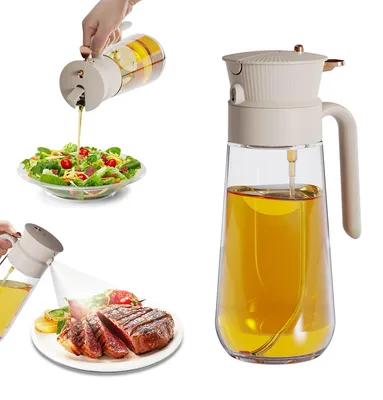 Productafbeelding van 2-in-1 olie-sprayfles en schenkkan – 580 ml inhoud – Geschikt voor koken, salades maken, bakken en grillen – Glazen container