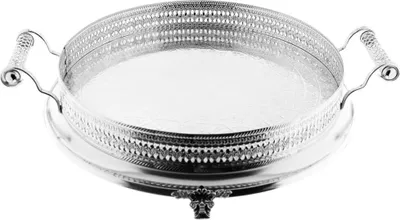 Produktbild von Serviertablett Silber 45 cm - Rund mit Griffen & Ornamentrand Silber