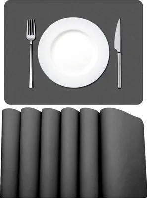 Produktbild von Tischsets Abwaschbar, Platzset Leder 6er Set Abwischbar Tischsets Lederoptik Kunstleder Wasserdicht PVC Platzset, Platzdeckchen für Küche Speisetisch, 45x30cm, Dunkelgrau, für Küche Esstisch Party Tischschutz