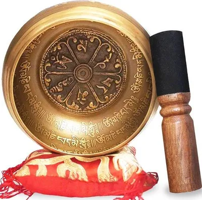 Produktbild von Famanu Tibetische Klangschale mit Holzhammer und Kissen - Handgefertigt, 11,4 cm, inklusive E-Book