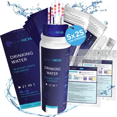 Produktbild von AquanexoTrinkwasser Teststreifen 17-in-1 125x + 2 Bakterientests + 10 Trinkwasser Teststreifen Nitrat/Nitrit + 10 Trinkwasserteststreifen Sulfate