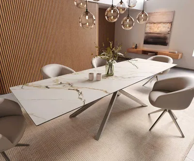 Produktbild von DELIFE Esstisch Edge 300x100 Keramik Calacatta Luxe Weiß-Gold-Grau Kreuzgestell Rechteck Edelstahl