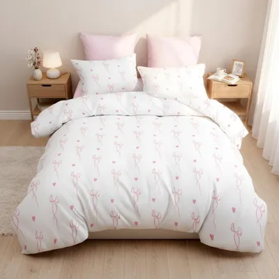 Produktbild von Bettwäsche-Set 200x220 cm Mädchen Weiß Rosa Schleifen Herzen Mikrofaser 3-teilig mit 2 Kissenbezügen 80x80 cm Reißverschluss