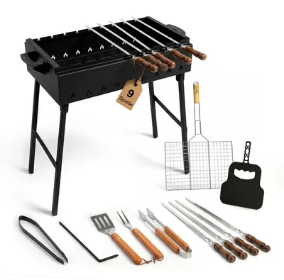 Produktbild von Mangal Stahl 2 mm 60 cm, 9 Spieße, Grillrost Edelstahl Holzgriff, Grillbesteck, Grillfächer, Holzkohlegrill BBQ für Spieße oder Grillrost Schaschlik Shashlychnik Grill