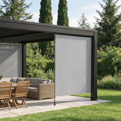 Obrázok produktu pre FIVMEN Vertikálna markíza s ručnou kľukou bez vŕtania, 150 x 310 cm Vertikálna markíza, vysúvateľná, nepriehľadná a vodovzdorná, slnečná roleta, ochrana pred slnkom, ochrana pred vetrom, svetlošedá