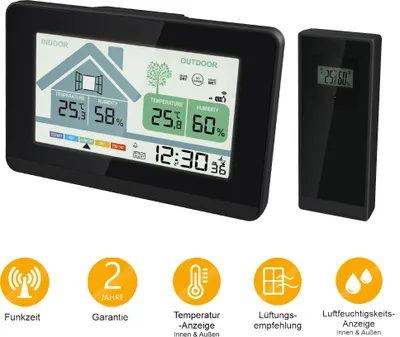 Produktbild von Funk-Wetterstation mit Lüftungsempfehlung 1x Sensor LCD Farb Display Funk-Wetterstation mit Datumsanzeige Digital Schwarz Funkuhr Alarm Snooze Wecker Farbdisplay beleuchtet mit Wandhalterung Schimmelwarner - 4-MV5631