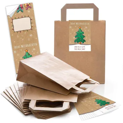 Produktbild von 100 braune natur Kraftpapier Papiertüte Geschenk-Tasche mit Henkel Boden 18 x 8 x 22 cm + 100 Aufkleber FROHE WEIHNACHTEN DANKE KUNDEN MISTELN weiß rot schwarz beige Geschenk Verpackung bioWeihnachts- & Neujahrswünsche grün beige / 10 Stück