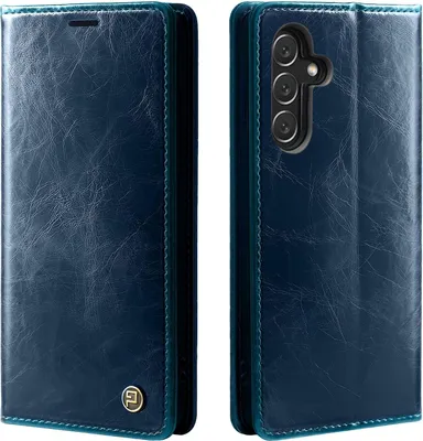 A blue leather flip case for a smartphone, shown from two angles.