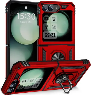 Obrázek produktu pro Pouzdro pro Samsung Galaxy Z Flip 6 / Z Flip 7 FE dvouvrstvé robustní, vojenská ochrana pouzdro s držákem prstenu a stojánkem Červený