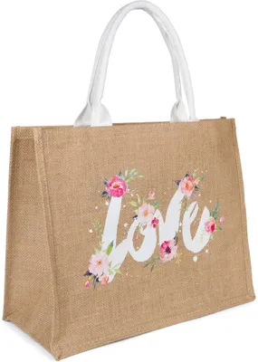 Produktbild von styleBREAKER Leinen Henkeltasche mit LOVE Statement Print und Blumenmotiv | Damen Shopper mit Reißverschluss | Sommer Strandtasche 41 x 33 x 17 cm