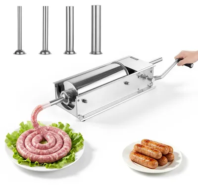 Immagine prodotto di Macchina manuale per insaccare salsicce VEVOR, capacità 5 litri, modello orizzontale, in acciaio inossidabile, ideale per uso domestico, campeggio, barbecue e grigliate, dotata di 4 ugelli di riempimento, 2 velocità, impugnatura ergonomica e componenti rimovibili