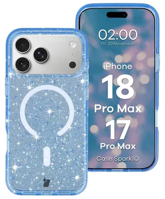 Produktbild von Glitzer Hülle mit Magnetring für iPhone 18 Pro Max / 17 Pro Max, Bizon Case SparklO, Transparent-Hellblau mit Glitzer