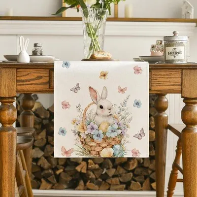 Obrázek produktu pro Běžná obdélníková běhoun na stůl s motivem zajíce a květin, vhodná pro jarní dekorace, rozměry 40 x 140 cm