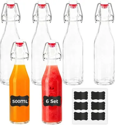 Productafbeelding van Beugelflessen 1 Liter - Set van 6 Glazen Flessen - Beugelsluiting - Vulflessen voor Olie/Azijn - Inclusief 6 Etiketten - Perfect voor Sap/Siroop