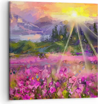 Produktbild von Bild auf Leinwand - Leinwandbild - Berge Blumen Blumen - 70x70cm - Wand Bild - Wanddeko - Wandbilder - Leinwanddruck - Bilder - Kunstdruck - Wanddekoration - Leinwand bilder - Wandkunst - AC70x70-4029