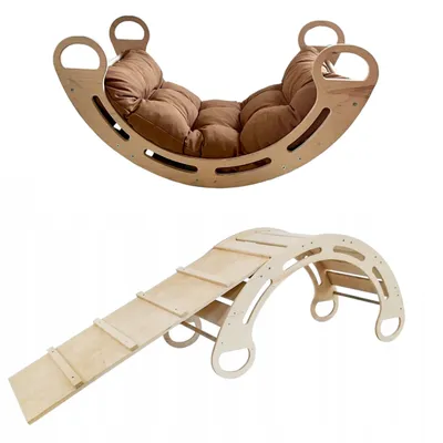 Obrázek produktu pro Montessori houpačka s polštářem (v hnědé barvě) a skluzavkou, přírodní, 85 cm, 5 v 1,  7 v 1, CE