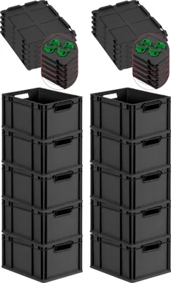 Produktbild von SuperSparSet 10x Eurobox NextGen Grip mit Scharnierdeckel und grünen Schiebeschnappverschlüssen | HxBxT 22x30x40cm | 20 Liter | Schwarz | Griffe offen | Eurobehälter, Transportbox, Transportbehälter, Stapelbehälter