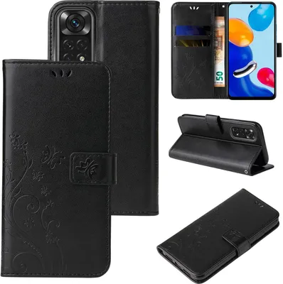 Produktbild von Handyhülle für Xiaomi Redmi Note 11 Floral Blumen Schmetterling Flip Cover Hülle Case Klapphülle Handytasche Farbe: Schwarz