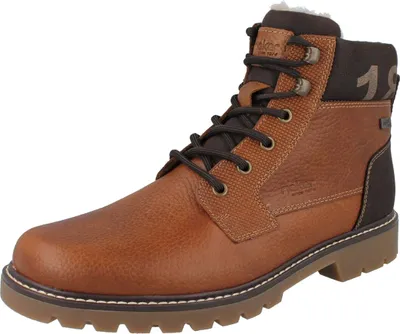 A single brown leather boot is shown against a white background.