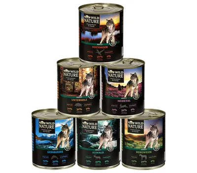 Produktbild von Dehner Wild Nature Hundefutter Probier-Set, Nassfutter getreidefrei / zuckerfrei, für ausgewachsene Hunde, Ente / Pferd / Wild / Kaninchen, 6 x 800 g Dose (4.8 kg)