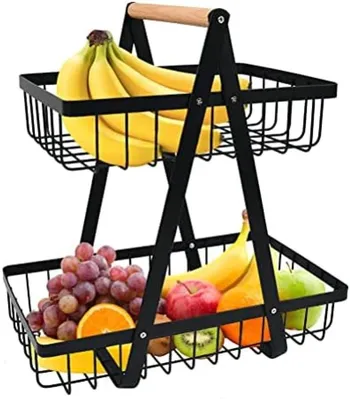 Produktbild von PolkaHome® 2-lagiger Obstkorb, Brotkorb, Gemüsekorb – Edelstahl-Aufbewahrungskorb, 32 x 30 x 18 cm, Schwarz