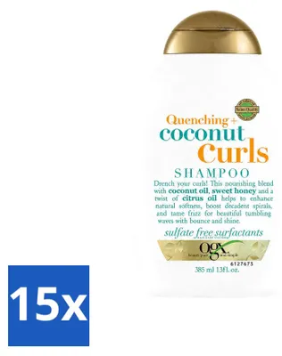 Imagen del producto de 15 botellas de champú OGX para cabello rizado con aceite de coco, 385 ml cada una. Paquete económico de 15 unidades