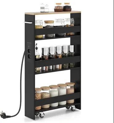 A black kitchen cart with a wooden top, filled with jars of spices and food items, on wheels.