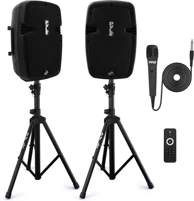 Produktbild von Pyle Musikbox Bluetooth Groß, PA Anlage, 2x Soundbox- Aktive & Passive Lautsprecher, Partybox, PA Komplettset- Inkl. Mikrofon, 2 Boxenständer & Fernbe