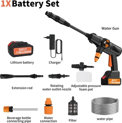 Immagine prodotto di Pistola per idropulitrice ad alta pressione per auto - Batteria 21 V - 200 bar - Ugello orientabile 0-45° - Ugello e raccordo in rame - Con tubo flessibile - Incolore