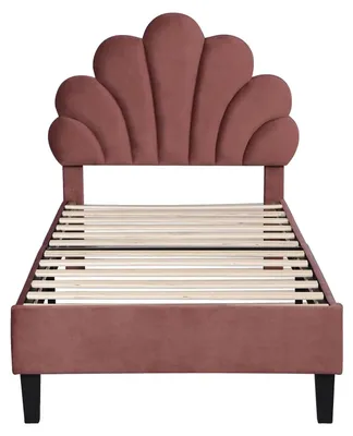 Productafbeelding van Kinderbed - Gestoffeerd bed 90 x 200 cm - Fluweelbekleding - Bloemenmotief hoofdeinde - Lattenbodem - Zonder matras - Roze