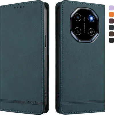 A teal flip case for a smartphone is shown from two angles, front and back, against a white background. The back view highlights the camera module. A strip of color swatches is visible on the right side.