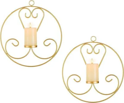 Produktbild von Unyqoos® Runde goldene Wandkerzenhalter – 2er-Set Metall (100% Eisen) 26 x 26 cm Platte, Wandhalter für Stumpenkerzen & Teelichter, Wohnzimmer/Schlafzimmer