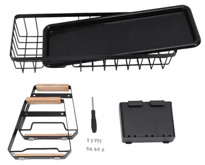 Image de Étagère de séchage pour vaisselle avec bac de récupération – pour assiettes, tasses et couverts – avec poignée en bois – noire