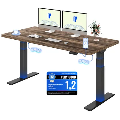 Image de FLEXISPOT ValtreX E200 : Bureau réglable en hauteur, dimensions 160x80 cm, capacité de charge de 200 kg, plateau de bureau d'une seule pièce de 25 mm d'épaisseur, 2 moteurs, port USB, couleur marron