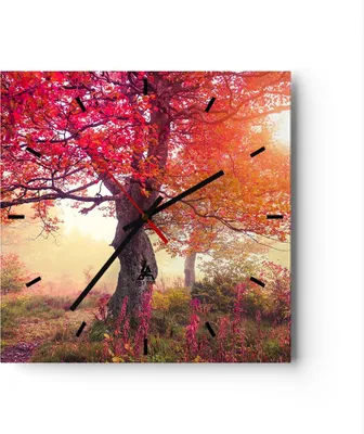 Produktbild von Wanduhr - Quadrat - Glasuhr - Baum Natur Wiese - 40x40cm - Schleichendes Uhrwerk - Lautlos - zum Aufhängen bereit - Dekoration Modern - Wanddekoration aus Glas - C3AC40x40-3658