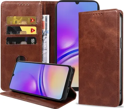 Produktbild von Smartphonica Handytasche passend für Samsung Galaxy A05 Kunstleder mit Magnetverschluss und Kartenhalter Buchhülle mit Klappe - Dunkelbraun